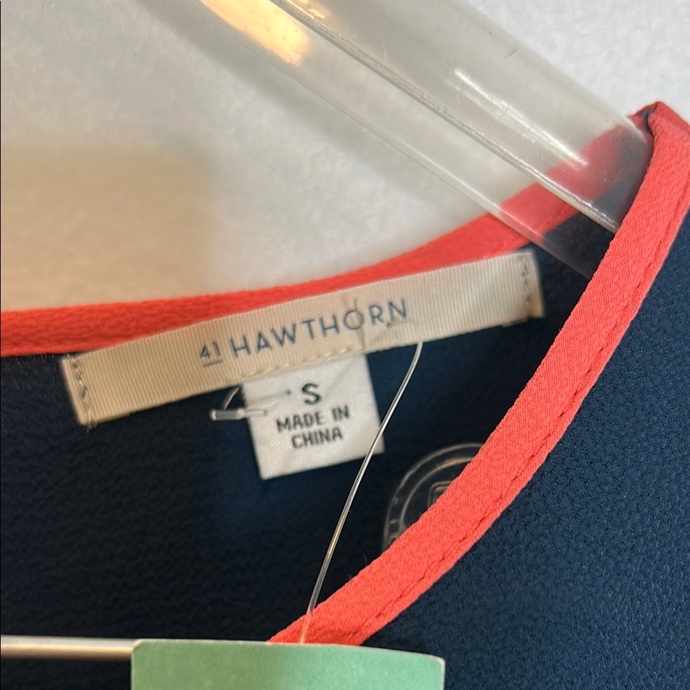 Navy Blue Long Sleeve Top with Salmon Colored Trim - Picture 3 of 7